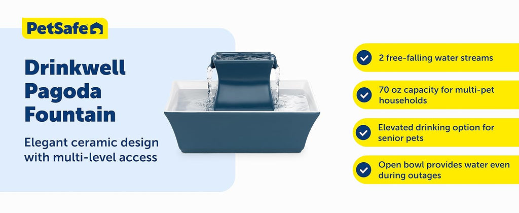 Pagoda Fountain - Hygienic Ceramic Continuous Flowing Fountain - Elevated Upper Bowl & Double Free-Falling Stream Design - Minimalist Pet Hydration Station - 70 oz Capacity