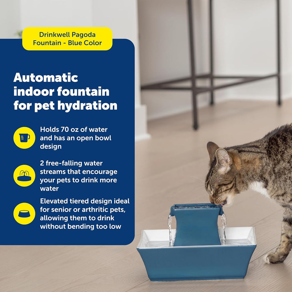 Pagoda Fountain - Hygienic Ceramic Continuous Flowing Fountain - Elevated Upper Bowl & Double Free-Falling Stream Design - Minimalist Pet Hydration Station - 70 oz Capacity