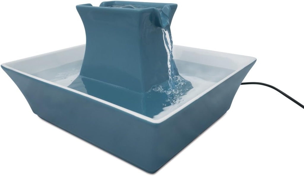 Pagoda Fountain - Hygienic Ceramic Continuous Flowing Fountain - Elevated Upper Bowl & Double Free-Falling Stream Design - Minimalist Pet Hydration Station - 70 oz Capacity