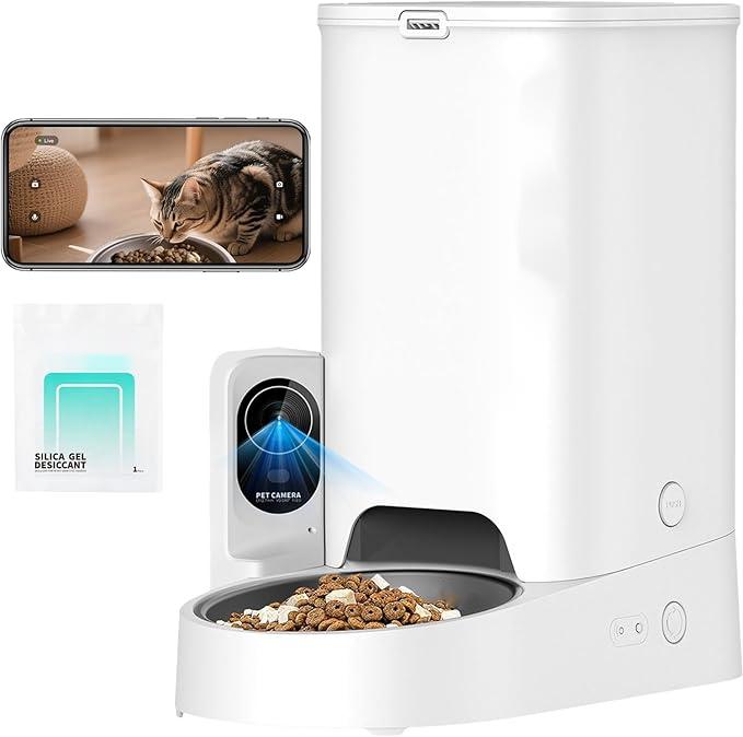 Automatic Cat Feeder with Camera, 1080P HD Video with Night Vision, 2.4G WiFi Pet Feeder for Cat & Small Dog, 2-Way Audio & Meal Call Pet Food Dispenser with Desiccant Bag, Motion Capturing