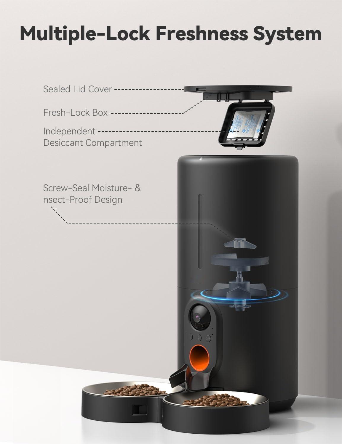 Automatic Cat Feeder with Camera for Two Cats, 6L Automatic Dog Feeder with HD Video and Night Vision, 5G/2.4G WiFi Pet Feeder for Cats & Dogs, SD Card Storage & 2-Way Audio