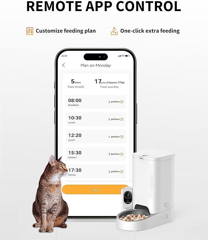 Automatic Cat Feeder with Camera, 1080P HD Video with Night Vision, 2.4G WiFi Pet Feeder for Cat & Small Dog, 2-Way Audio & Meal Call Pet Food Dispenser with Desiccant Bag, Motion Capturing