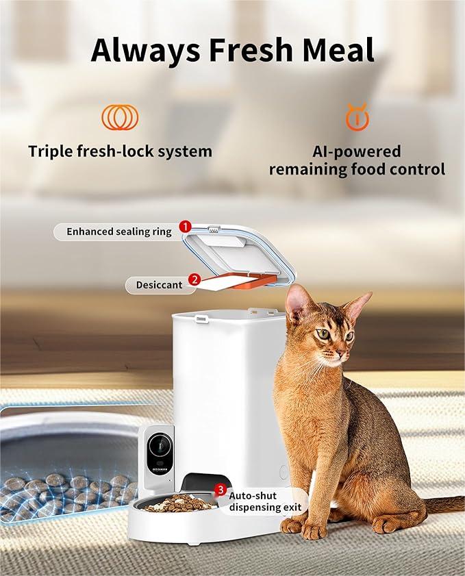 Automatic Cat Feeder with Camera, 1080P HD Video with Night Vision, 2.4G WiFi Pet Feeder for Cat & Small Dog, 2-Way Audio & Meal Call Pet Food Dispenser with Desiccant Bag, Motion Capturing