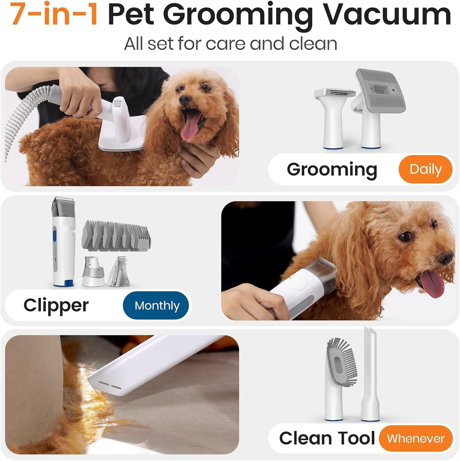 Dog Grooming Vacuum, Pet Grooming Vacuum with Clipper Nail Grinder, 1.5L Dust Cup Dog deshedding Brush with 7 Tools for Shedding Pet Hair, Home Cleaning