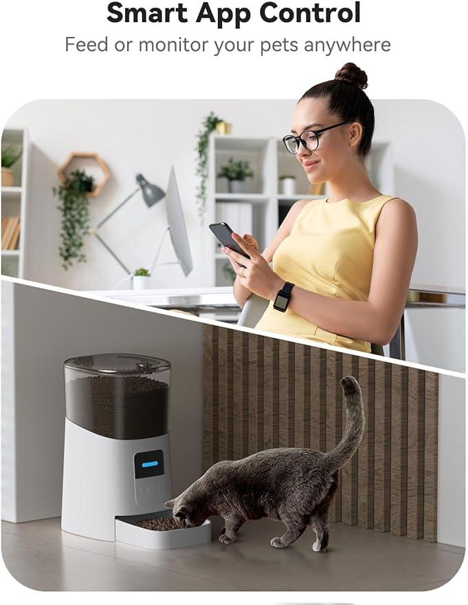6L Automatic Cat Feeder, WiFi Automatic Dog Feeder with APP Control for Remote Feeding, Cat Food Dispenser with Low Food Sensor and Voice Recorder, Up to 15 Meals Per Day