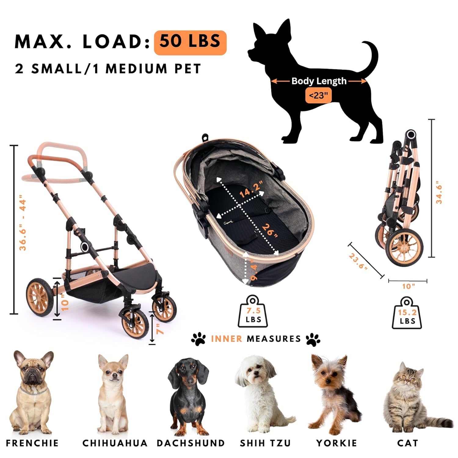Pet Stroller for Medium Dogs, Smooth-Ride Dog Stroller with Detachable Carrier, Rubber Wheels, Car Seat Combo 3-in-1, Up to 50 lbs, for Senior Dogs & Cats, Tan