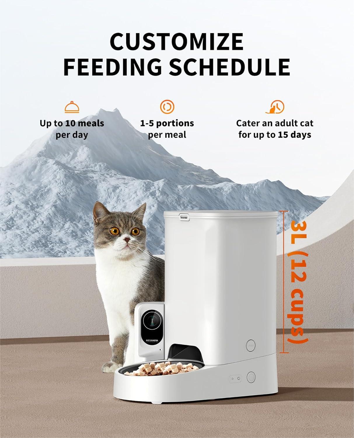 Automatic Cat Feeder with Camera, 1080P HD Video with Night Vision, 2.4G WiFi Pet Feeder for Cat & Small Dog, 2-Way Audio & Meal Call Pet Food Dispenser with Desiccant Bag, Motion Capturing