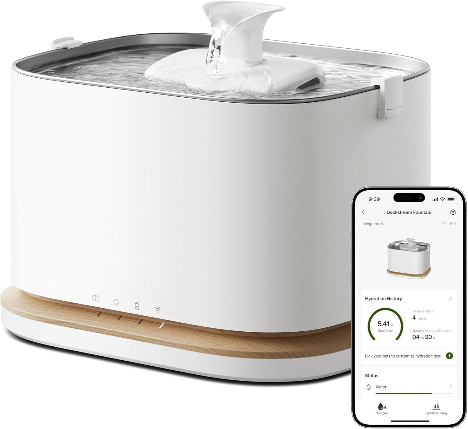 Upgrade Cat Water Fountain, Cordless Cat Fountain Battery Operated, App Monitoring 3L/101oz Dockstream 2 Pet Water Fountain with Stainless Steel Tray, 5GHz WiFi Dog Water Bowl Dispenser