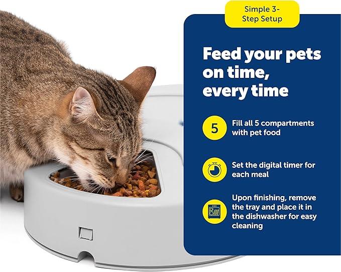 Automatic Dog Feeder, 5 Meals, 40 oz Capacity, Plastic, for Dry Food, Multiple Pets