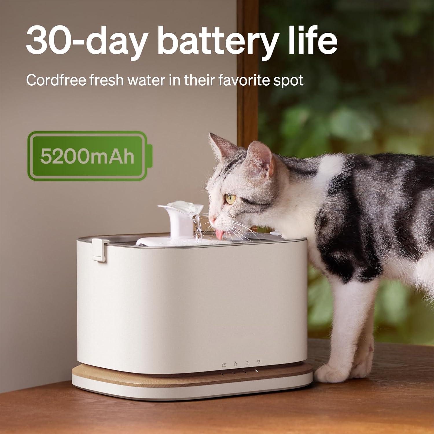 Upgrade Cat Water Fountain, Cordless Cat Fountain Battery Operated, App Monitoring 3L/101oz Dockstream 2 Pet Water Fountain with Stainless Steel Tray, 5GHz WiFi Dog Water Bowl Dispenser