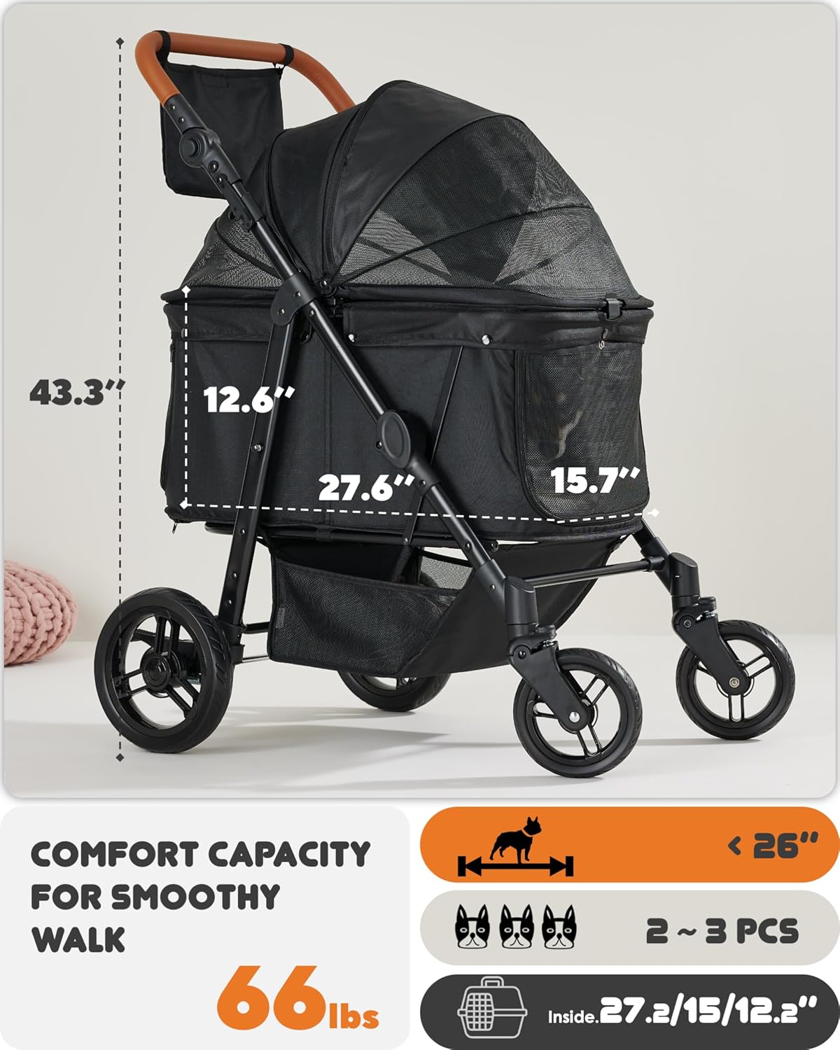 Medium Dog Stroller for Large Dogs, pet Stroller for Medium Dogs Up to 66lbs, All-Terrain with Adjustable Handle & Canopy, Sun Shades, Storage Organizer, Waterproof Oxford Fiber