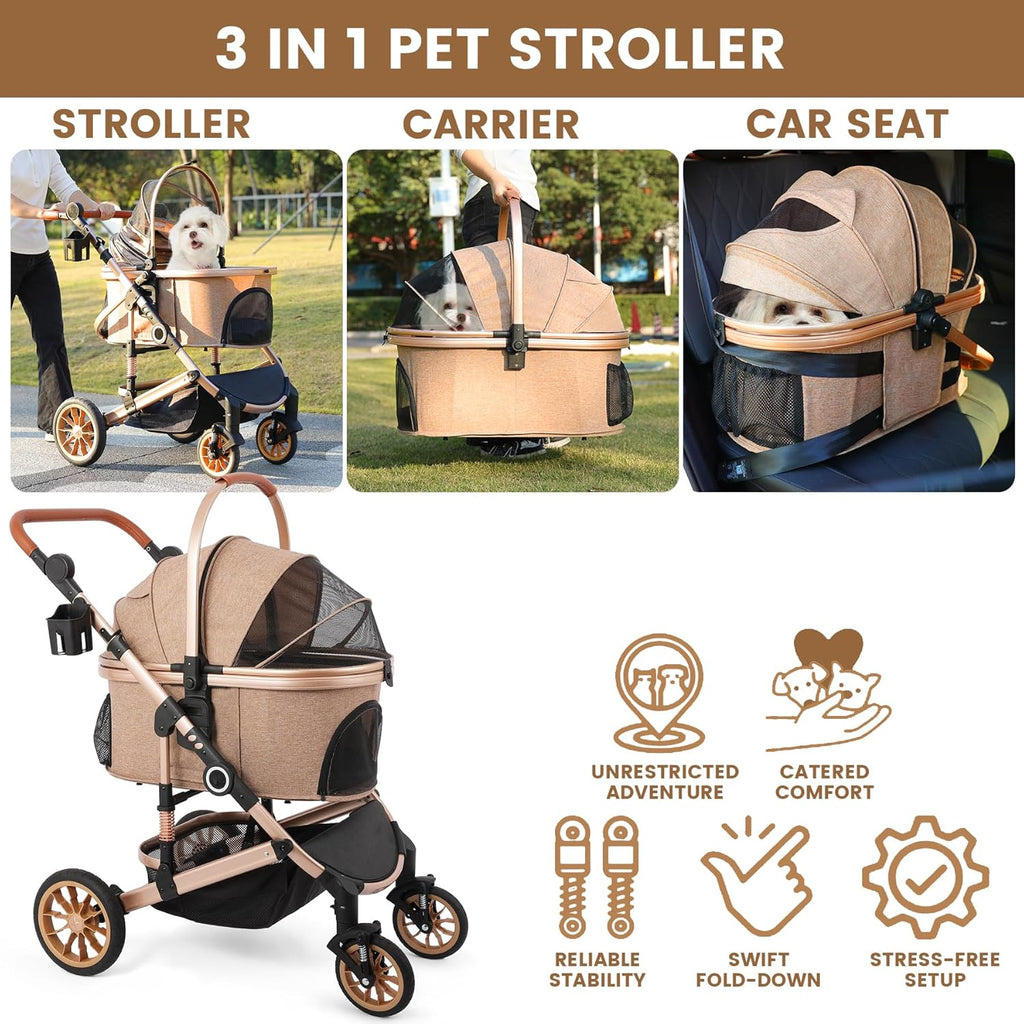 Pet Stroller for Medium Dogs, Smooth-Ride Dog Stroller with Detachable Carrier, Rubber Wheels, Car Seat Combo 3-in-1, Up to 50 lbs, for Senior Dogs & Cats, Tan