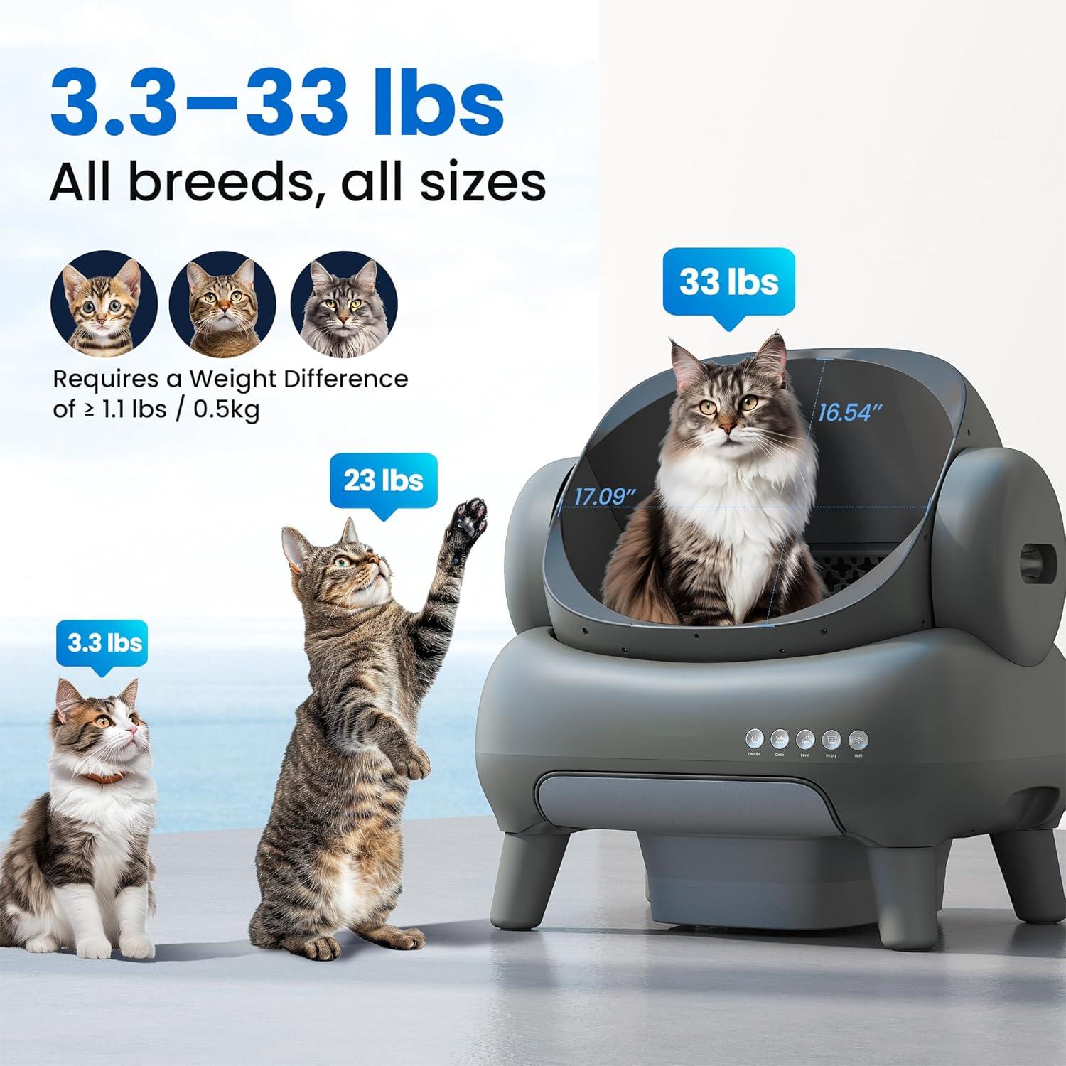 Open-Top Self-Cleaning Cat Litter Box, 360° Safety Sensors, Advanced Odor & Leak Control, Automatic for Large & Multi-Cat Homes, Litter Mat & 2 Rolls Refill Bags Included