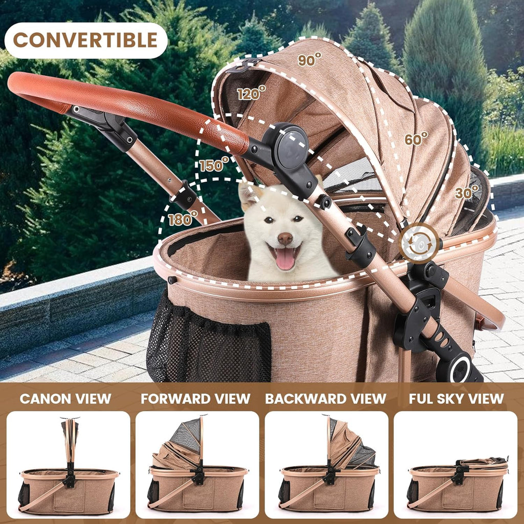 Pet Stroller for Medium Dogs, Smooth-Ride Dog Stroller with Detachable Carrier, Rubber Wheels, Car Seat Combo 3-in-1, Up to 50 lbs, for Senior Dogs & Cats, Tan