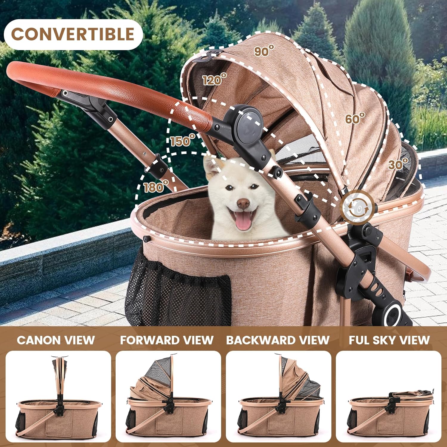 Pet Stroller for Medium Dogs, Smooth-Ride Dog Stroller with Detachable Carrier, Rubber Wheels, Car Seat Combo 3-in-1, Up to 50 lbs, for Senior Dogs & Cats, Tan